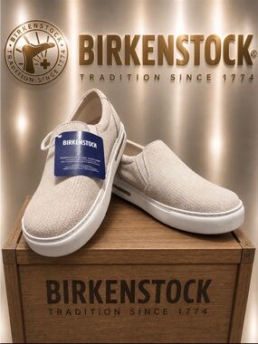Birkenstock women’s Slip-On Sneakers in Light Beige Canvas